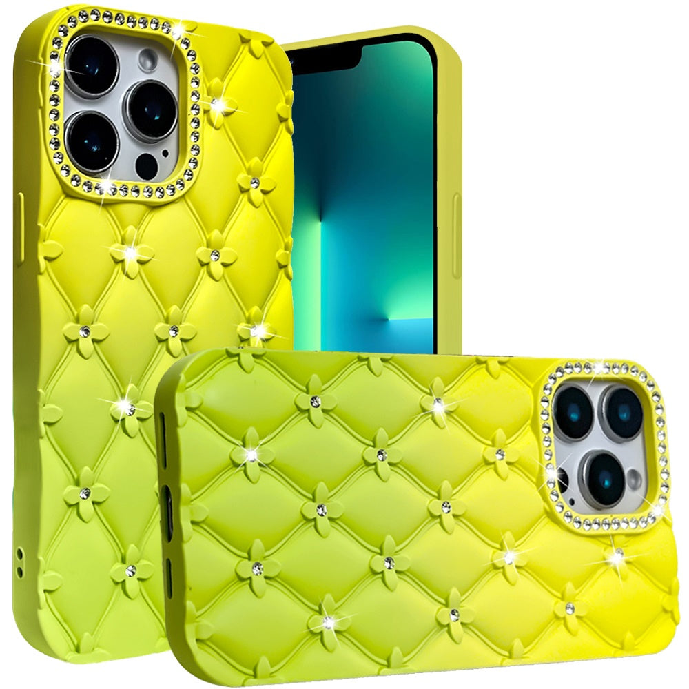 For Apple iPhone 16 Pro Max (6.9") Fashion Flower Design Sparkle Glitter Shimmer Rhinestone Bling Leather Feel Thick TPU Rubber Hard PC Case Cover