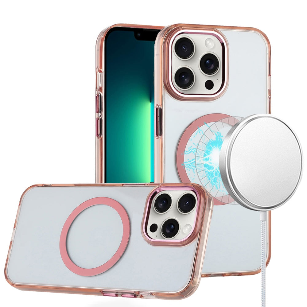 For Apple iPhone 13 Pro Transparent Back Hybrid Case - Magnetic Circle, Color Frame, Metal Buttons, MagSafe Compatible Case Cover Rose Gold