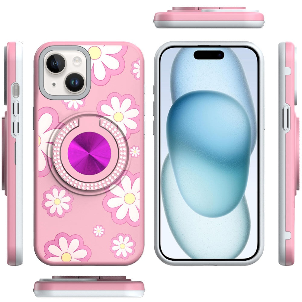 Phone Case for iPhone 15 Magnetic Ring Stand Matte Metal Hybrid Car Mount Friendly Shockproof Rotational Grip Diamond Design Pattern Cover