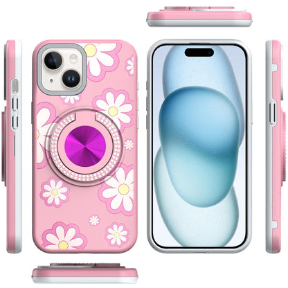 Phone Case for iPhone 15 Magnetic Ring Stand Matte Metal Hybrid Car Mount Friendly Shockproof Rotational Grip Diamond Design Pattern Cover