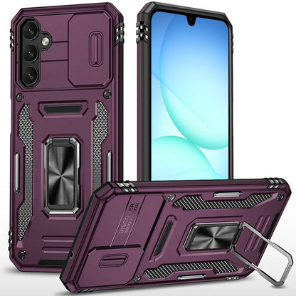 Phone Case for Galaxy A17 5G Tough Metal Ring Shockproof Sliding Camera Window Hybrid Armor Rugged Anti Slip Heavy Duty Grip Cover Purple