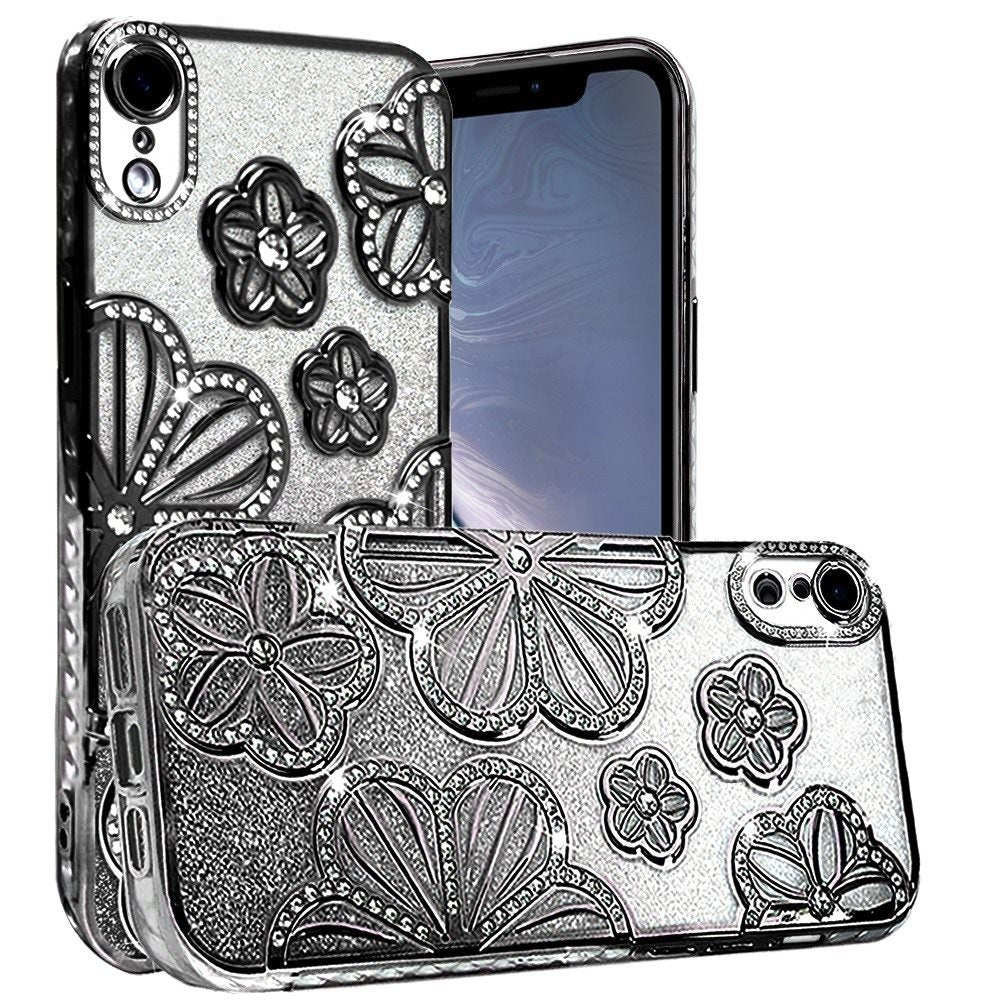 For iPhone XR Luxury Flower Design Sparkle Glitter Diamond Rhinestone Shimmer Bling Plating Thick TPU Hard PC Case Cover