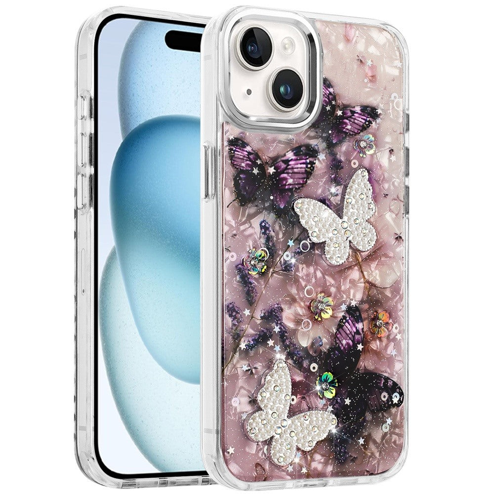 For Apple iPhone 15 Epoxy Glitter Flowers Bling 3D Butterfly Fashion TPU Hybrid with Shockproof Protection Case Cover