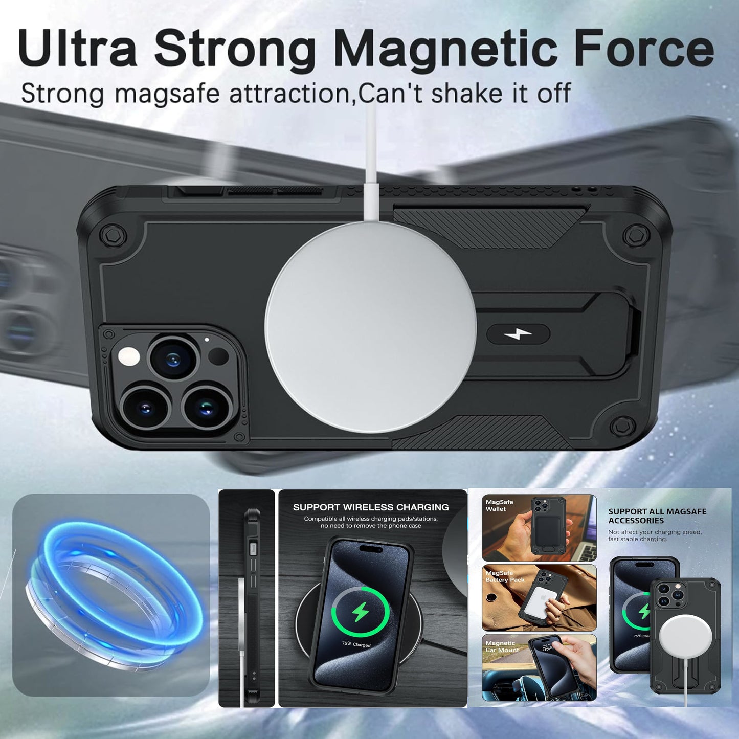 For Apple iPhone 16 Pro Max (6.9") Hybrid Tuff Case with Folding Stand Magnetic Holder Compatible with MagSafe [Military Shockproof] Case Cover