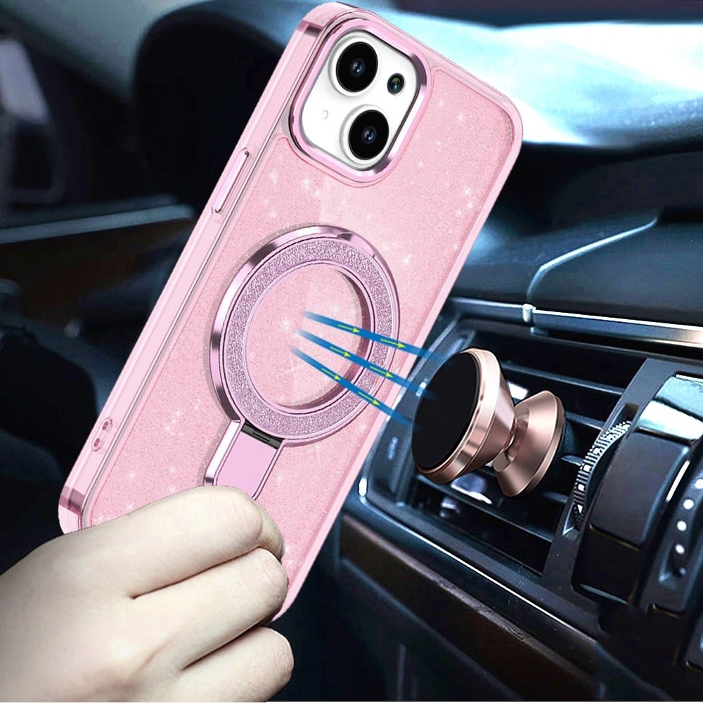 Phone Case for Apple iPhone 15 Plus Transparent Glitter Bling Magnetic Ring Stand Shockproof Anti Slip Rotating Grip Protective Hybrid Durable Armor Cover