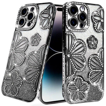 For Apple iPhone 13 Pro Max Luxury Floral Design Sparkle Glitter Diamond Crystal Rhinestone Shimmer Bling Plating Thick TPU Hard PC Case Cover