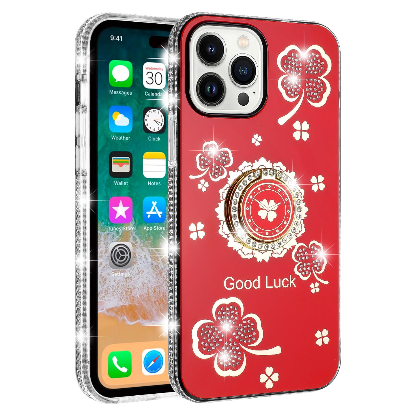 For Samsung Galaxy S21 Ultra Diamonds Bling All Around Edges Sparkly Glitter Hybrid Ring Stand Holder Fashion Good Luck Case Cover