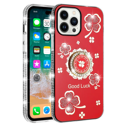 For Samsung Galaxy S25 Fan Edition /Galaxy S25 FE Diamonds Bling All Around Edges Sparkly Glitter Hybrid with Ring Stand Holder Fashion Good Luck Case Cover Red