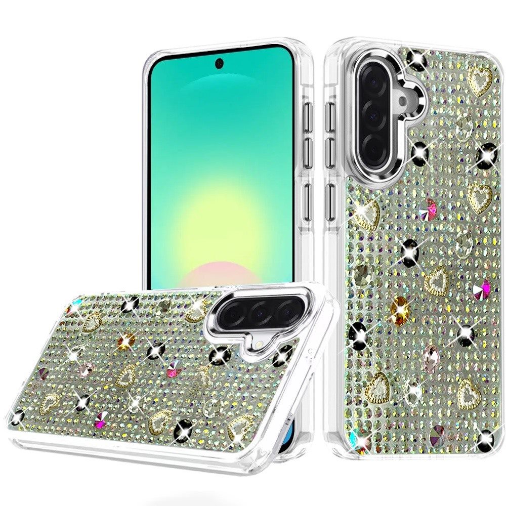 Phone Case for Samsung Galaxy A27 Chrome Fashion Hybrid Bling Diamond Heart Rhinestone Decorative Stones Sparkling Embellished Design Cover
