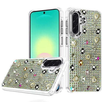 Phone Case for Samsung Galaxy A27 Chrome Fashion Hybrid Bling Diamond Heart Rhinestone Decorative Stones Sparkling Embellished Design Cover