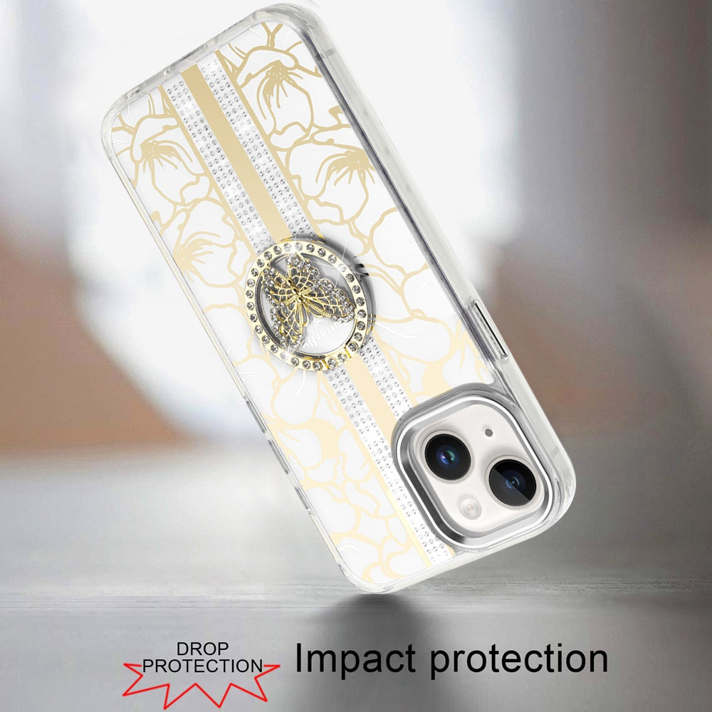 Phone Case for iPhone 14/13 (6.1") Floral Butterfly Ring Stand Glitter Bling Shockproof Hybrid Luxury Fashion Protective Anti Slip Durable Grip Cover White