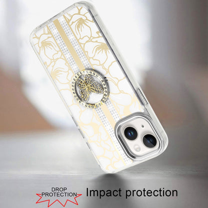 Phone Case for iPhone 14/13 (6.1") Floral Butterfly Ring Stand Glitter Bling Shockproof Hybrid Luxury Fashion Protective Anti Slip Durable Grip Cover White