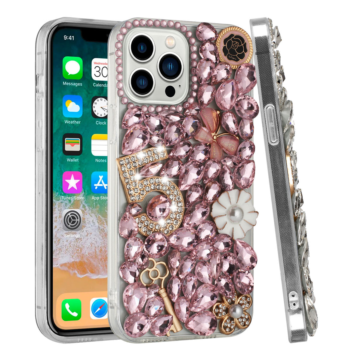 Phone Case for iPhone 15 Luxury Full Diamond Glitter 3D Floral Ornament Hybrid Shockproof Stylish Rhinestone Designer Protective Elegant Cover