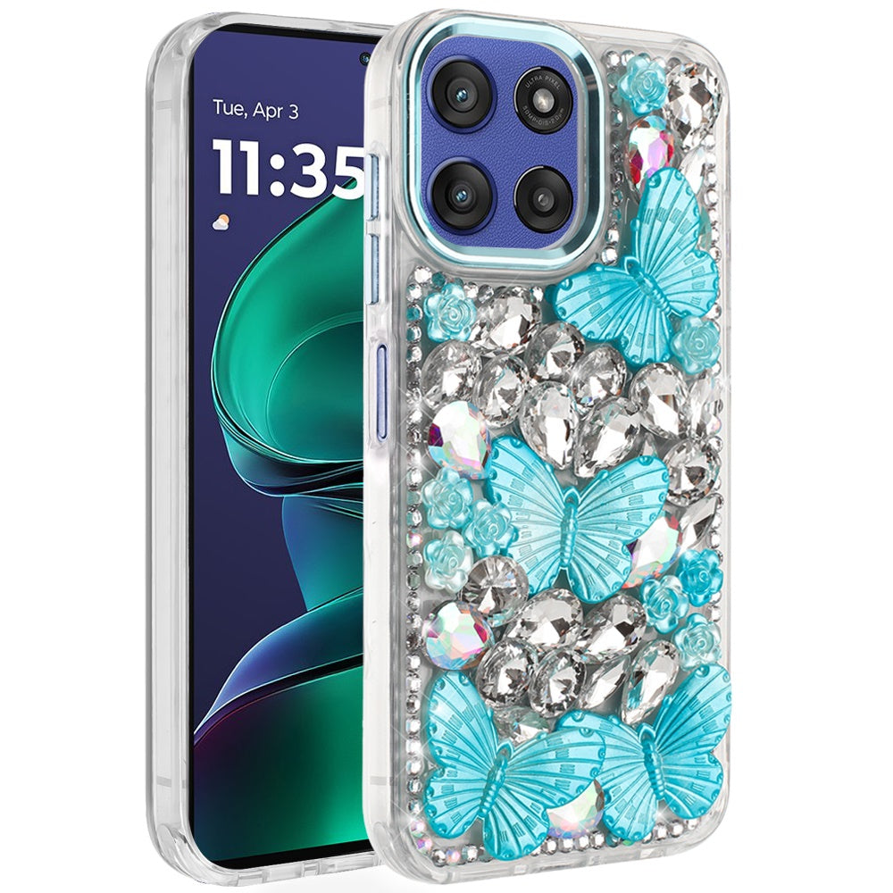 For Motorola Moto G Power 5G 2026 /2025 3D Diamond Floral Butterfly Bling Stone Hybrid, Sparkly Rhinestone Gemstone Back Shockproof Case Cover Purple