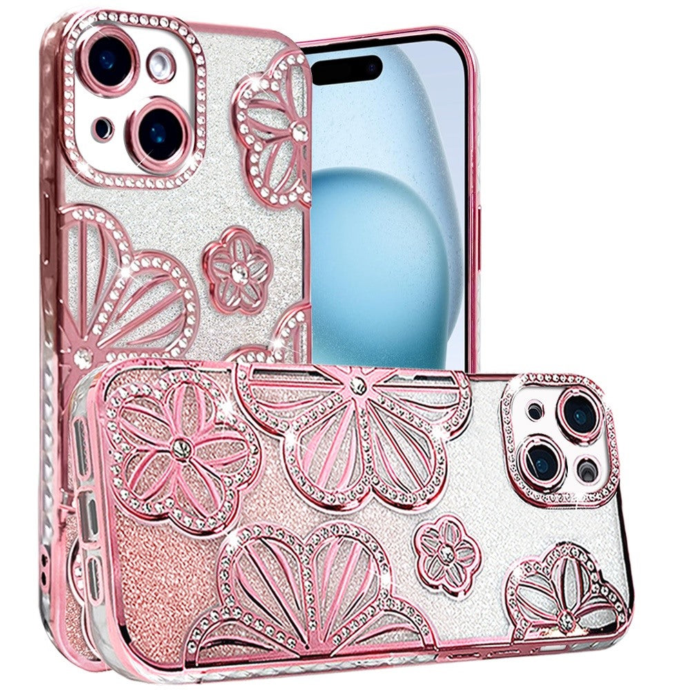Phone Case for iPhone 15 (6.1") Shimmer Glitter Floral Thick TPU Shockproof Durable Grip Camera Protection Anti-Scratch Stylish Design Cover Rose Gold