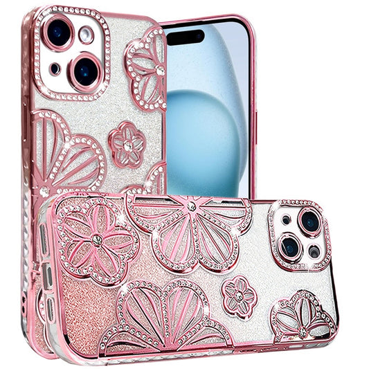 Phone Case for iPhone 15 (6.1") Shimmer Glitter Floral Thick TPU Shockproof Durable Grip Camera Protection Anti-Scratch Stylish Design Cover Rose Gold