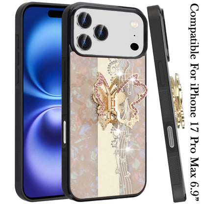 For Apple iPhone 17 Pro Max (6.9") Diamonds 3D Fashion Bling Sparkly Glitter Ornaments Engraving Hybrid with Ring Stand Case Cover