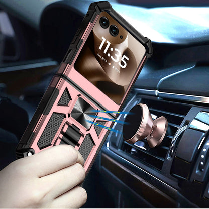 For Motorola Razr+ PLUS 2025 /2024 Hybrid Shockproof [Military Grade] Rugged Protective with Magnetic Car Mount & Invisible Stand Case Cover Rose Gold