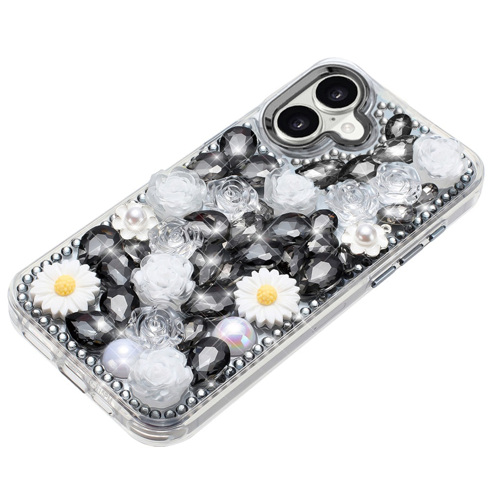 For Apple iPhone 17 (6.3") Fashion Daisy Floral Series, Full 3D Bling Crystal Diamonds Sparkling Rhinestone Glitter Hybrid Design Case Cover