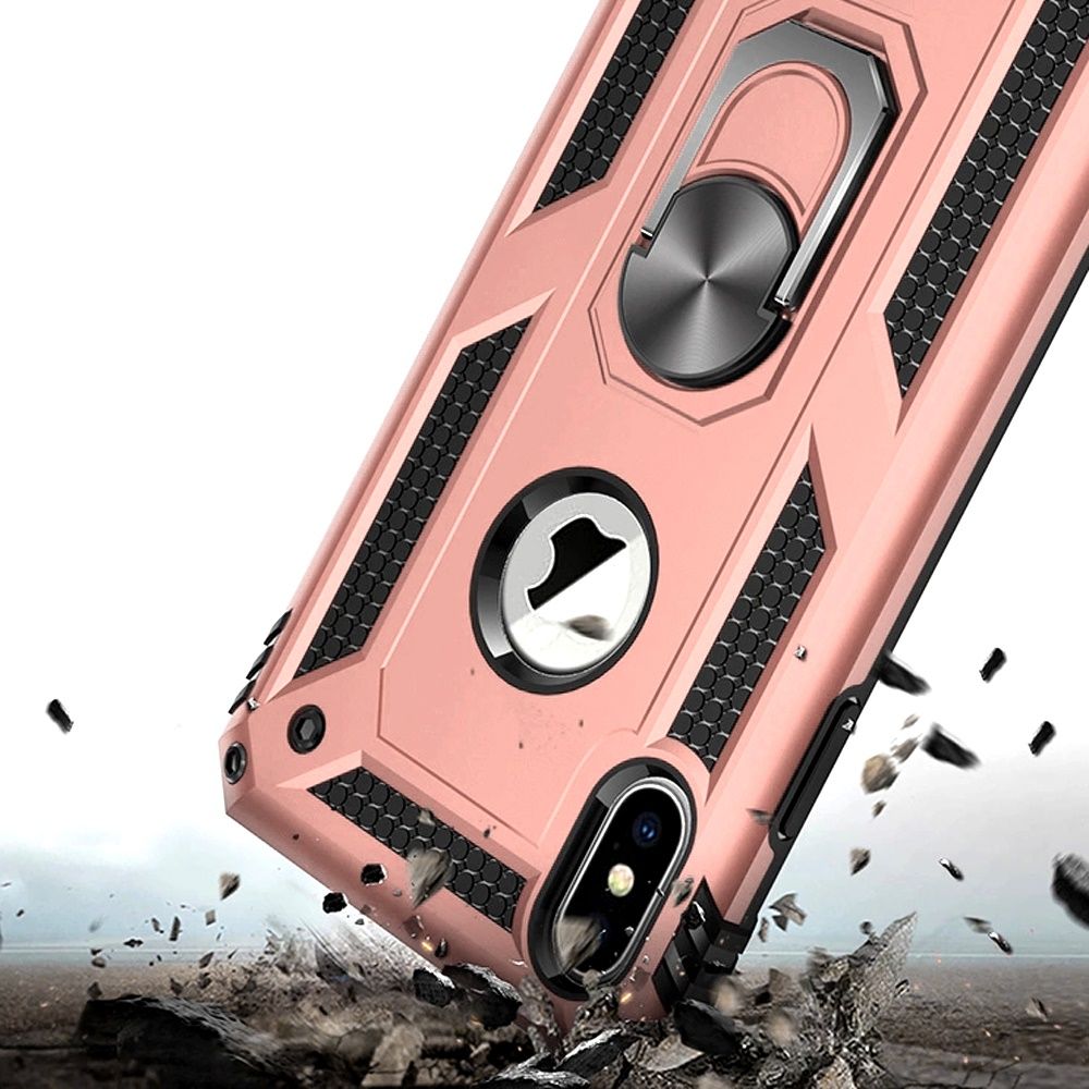 For iPhone XR Hybrid Shockproof Durable 360 Degree Rotatable Ring Stand Holder Kickstand Fit Magnetic Car Mount Case Cover Rose Gold