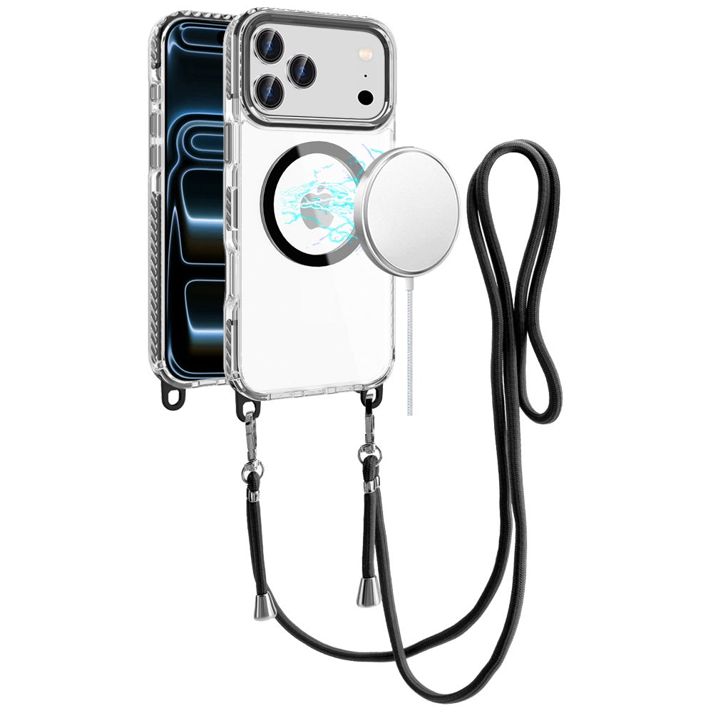 For Apple iPhone 17 Pro Max (6.9") Clear Magnetic Frame PC Back Shockproof Protective Case with Detachable Lanyard Strap, Compatible with MagSafe Case Cover Dark Purple