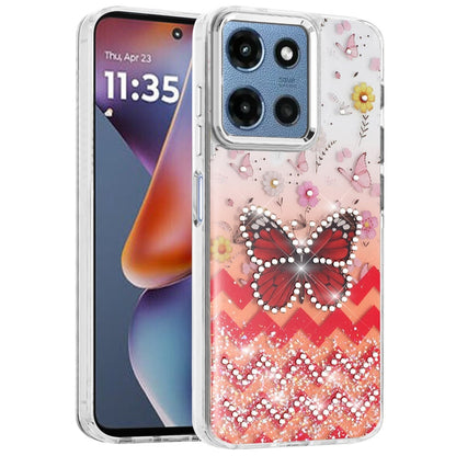 Phone Case for Motorola Moto G Play 5G 2026 Butterfly Resin Epoxy Diamond Bling Metal Edge Shockproof Hybrid Luxury Protective Durable Stylish Fashion Grip Cover