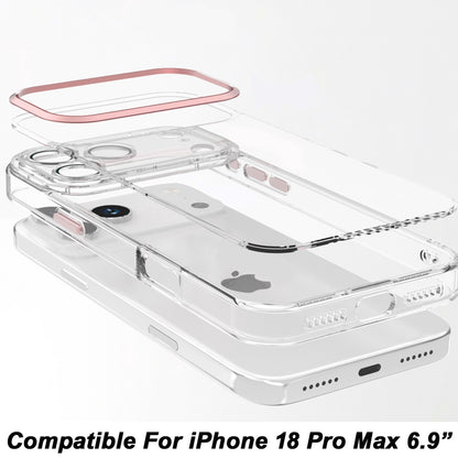 Phone Case for Apple iPhone 18 Pro Max/ 17 Pro Max Transparent Clear Hybrid Metal Button Camera Guard Shockproof Gummy TPU Slim Protective Grip Cover Pink