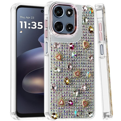 Phone Case for Motorola Moto G 5G 2026/ 2025 Chrome Fashion Hybrid Bling Diamond Heart Rhinestone Decorative Stones Sparkling Embellished Design Cover