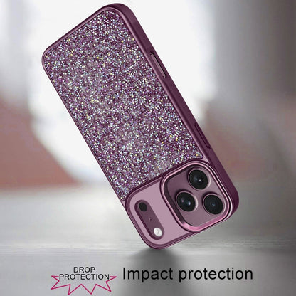 Phone Case for Apple iPhone 18 Pro/ iPhone 17 Pro Crystal Glass Bling Diamond Metallic Edge Shockproof Durable Protective Clear Hybrid Stylish Premium Design Cover Purple