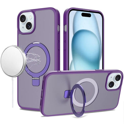 For iPhone 15 Plus (6.7") Magnetic Circle Back with Ring Stand Full Rotation Matte Hybrid Shockproof Case Cover Dark Purple