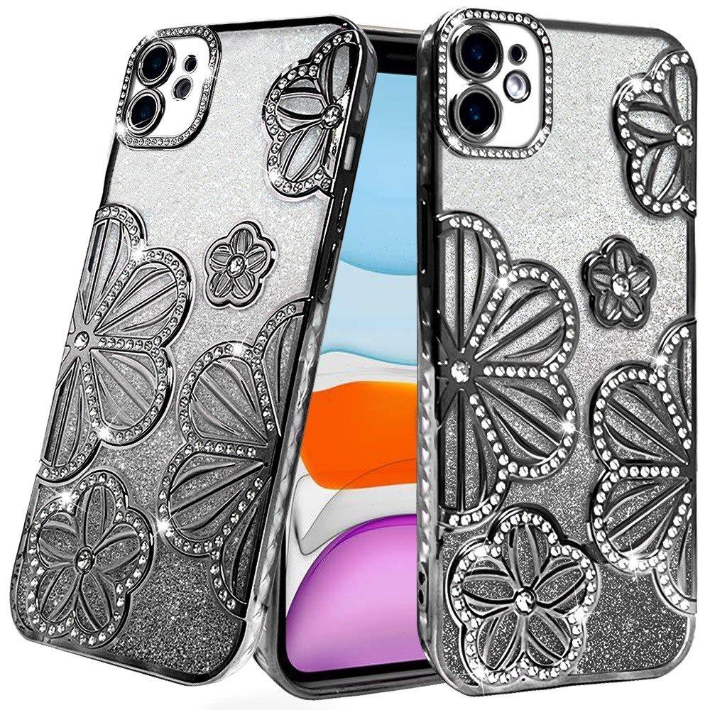 For Apple iPhone 11 Luxury Flower Design Sparkle Glitter Diamond Rhinestone Shimmer Bling Plating Thick TPU Hard PC Case Cover