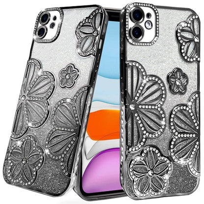 For Apple iPhone 11 Luxury Flower Design Sparkle Glitter Diamond Rhinestone Shimmer Bling Plating Thick TPU Hard PC Case Cover