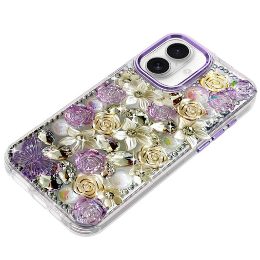Phone Case for Apple iPhone 17 Luxury Rose Bling Rhinestone Glitter Floral Hybrid Shockproof Stylish Protective Designer Ornament Sparkle Cover Purple