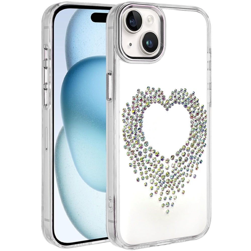 Phone Case for iPhone 15 (6.1") Angel Hearts Bling Shimmer Colorful Glitter Chrome Edge Shockproof Stylish Hybrid Design Cover Silver