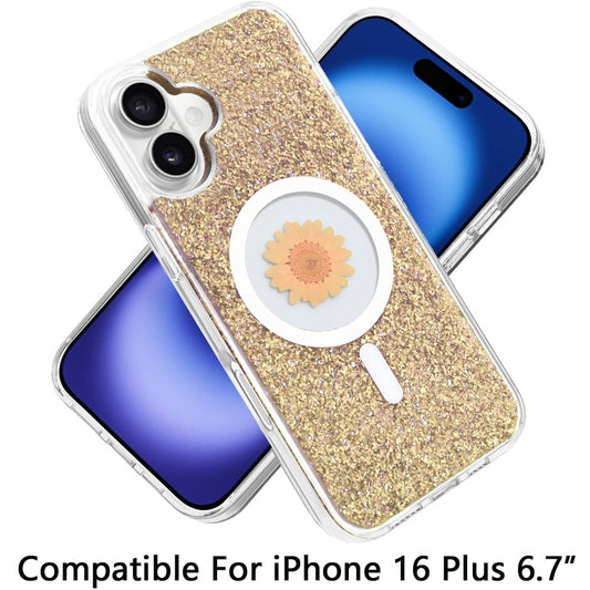 For Apple iPhone 16 Plus MagSafe Compatible Glitter Flower Epoxy Hybrid Slim TPU Case, Magnetic Circle Design, Sparkly Bling Protective Case Cover Gold