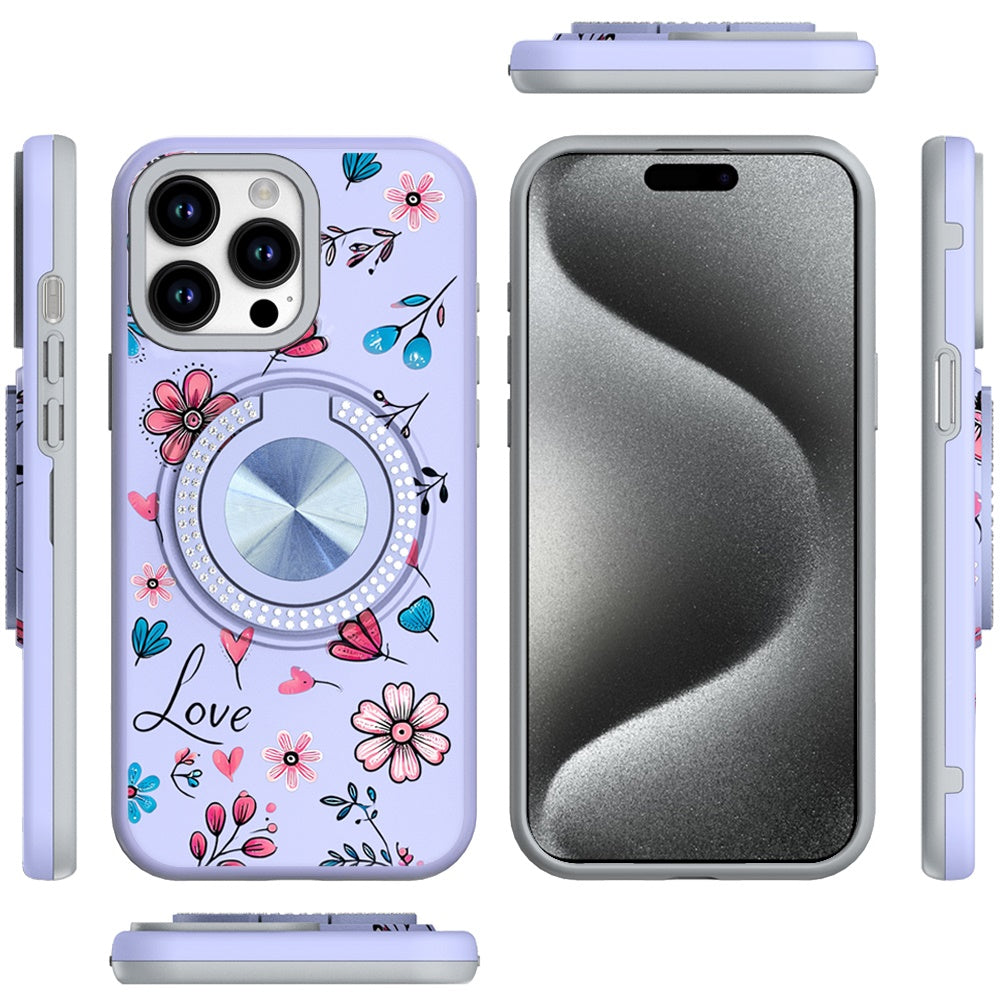 For Apple iPhone 14 /13 Pattern Design Hybrid with Invisible Ring Stand & Magnetic Back, Shockproof Protective Grip Case Cover