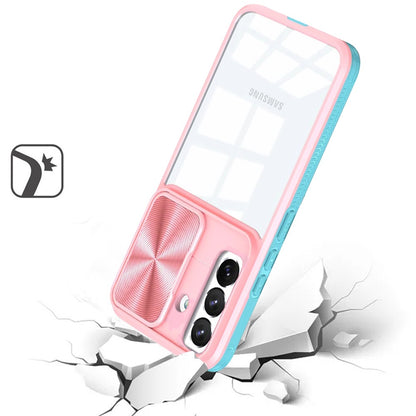 For Samsung Galaxy S24 FE Hybrid Cases with Sliding Camera Cover Transparent Shockproof Bumper TPU Protective Case Cover Pink/Blue