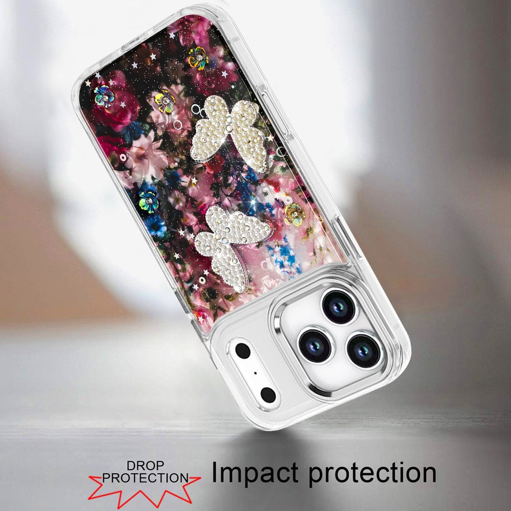 For Apple iPhone 17 Pro (6.3") Epoxy Glitter Flowers Bling 3D Butterfly Fashion TPU Hybrid with Shockproof Protection Case Cover