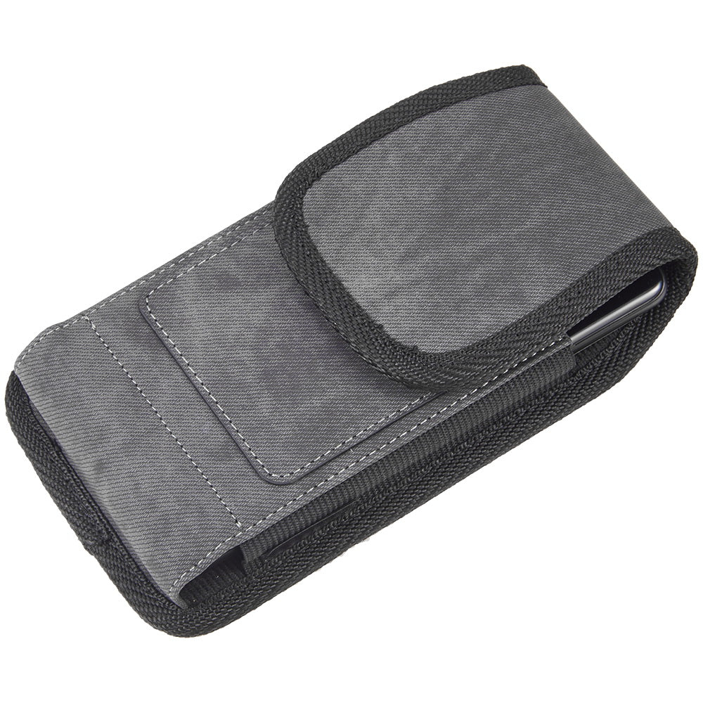 For Apple iPhone 16 Pro (6.3") Universal Vertical Fabric Case Holster with 2 Card Slots, Pen Holder, Belt Clip Loop & Hook Carrying Phone Pouch [Black]