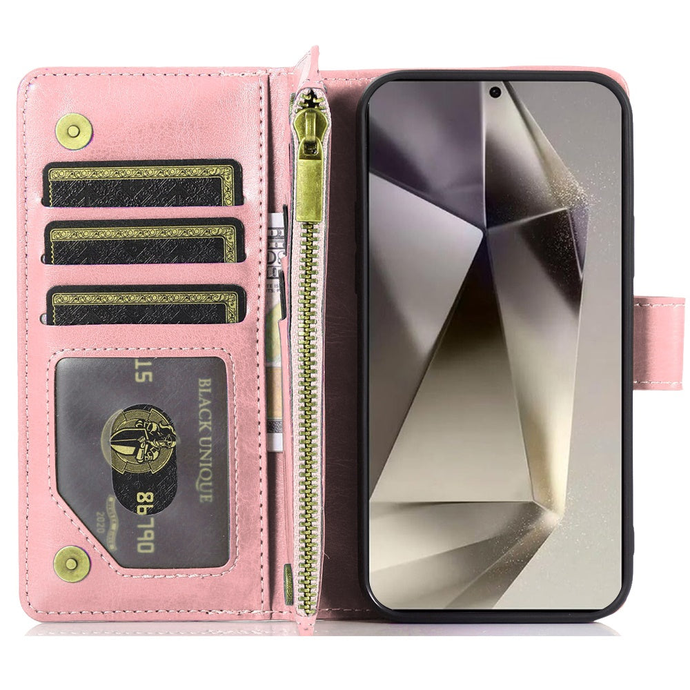 For Samsung Galaxy S25 Ultra Leather Wallet Case with Zipper, 9 Card Slots, Cash Pocket, Stand & Strap, Clutch Pouch Design Case Cover Rose Gold