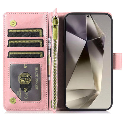 For Samsung Galaxy S25 Ultra Leather Wallet Case with Zipper, 9 Card Slots, Cash Pocket, Stand & Strap, Clutch Pouch Design Case Cover Rose Gold