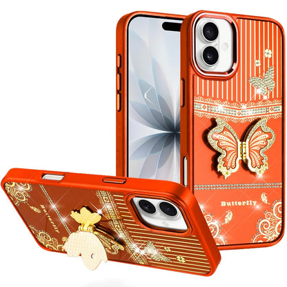 For Apple iPhone 17 (6.3") Glitter 3D Butterfly Design Bling Metallic Edge Hybrid Stand Drop Protection TPU Shockproof Case Cover