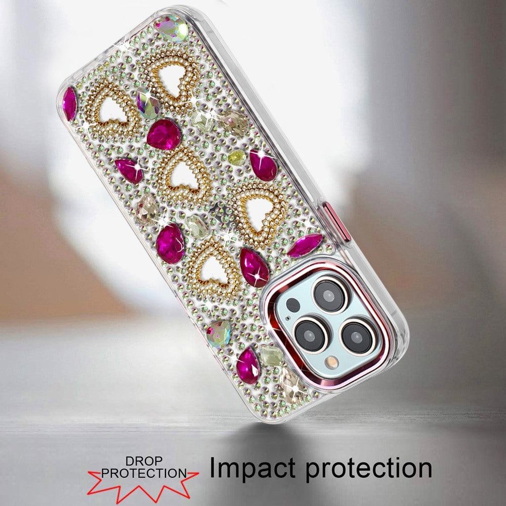 Phone Case for iPhone 15 Pro (6.1") Luxury Crystal Heart Rhinestone Diamond Bling Shockproof Hybrid Glitter Protective Stylish Durable Grip Cover