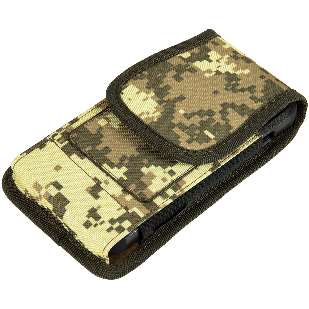 For Apple iPhone 16 Pro (6.3") Universal Pouch Case Vertical Phone Holster Camouflage with Card Slots, Pen Holder, Belt Clip Loop & Hook Cover [Army Camo]