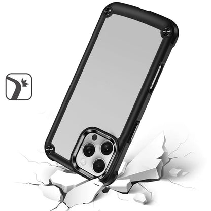 For Apple iPhone 16 Pro Hybrid Transparent Rubber with Metal Buttons & Camera Edges Hard TPU Corner Frame Bumper Case Cover Black