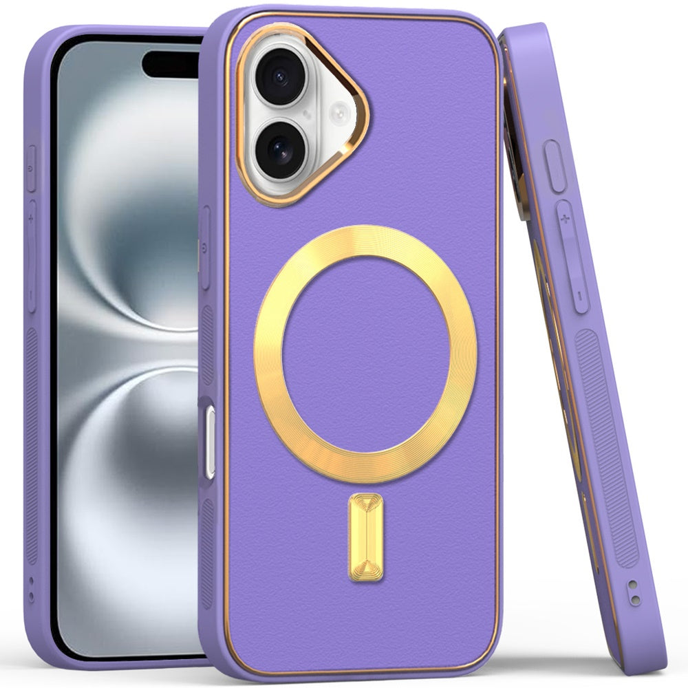 For Apple iPhone 16 Pro Max (6.9") PU Leather Magnetic Case Slim Protective Cover with MagSafe Compatibility Hard PC Gold Frame Protection Case Cover