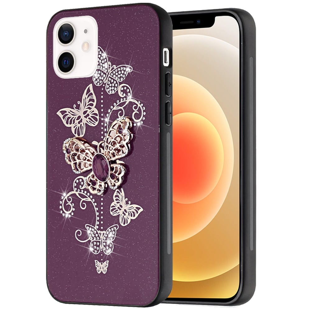 Phone Case for Apple iPhone 12 /12 Pro Diamond Glitter 3D Butterfly Engraved Luxury Bling Hybrid Shockproof Chrome Edge Protective Durable Grip Cover Purple
