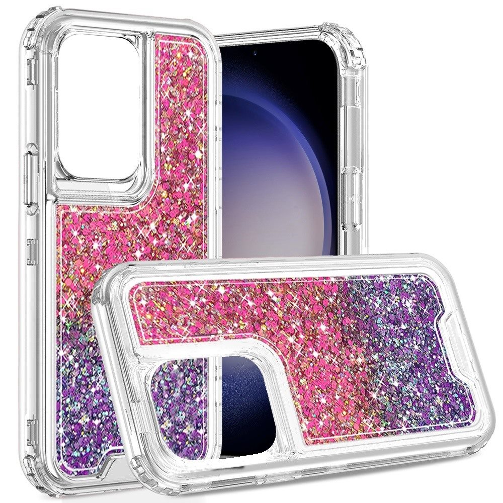 For Samsung Galaxy S23 Epoxy Bling Glitter Sparkly 3-in-1 Transparent Hybrid Full-Body Shockproof PC Bumper Case Cover Hot Pink+Purple