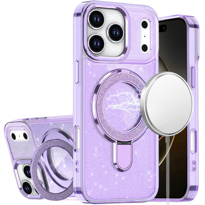 For Apple iPhone 17 Pro (6.3") Transparent Glitter Bling Case with Rotating Magnetic Ring Stand, Shockproof Hybrid Case Cover
