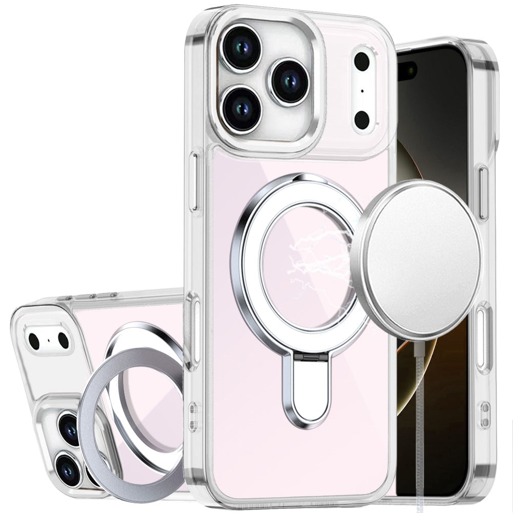 For Apple iPhone 17 Pro Chrome Hybrid with Rotating Magnetic Circle Ring Stand, Slim Shockproof Hybrid Case Cover
